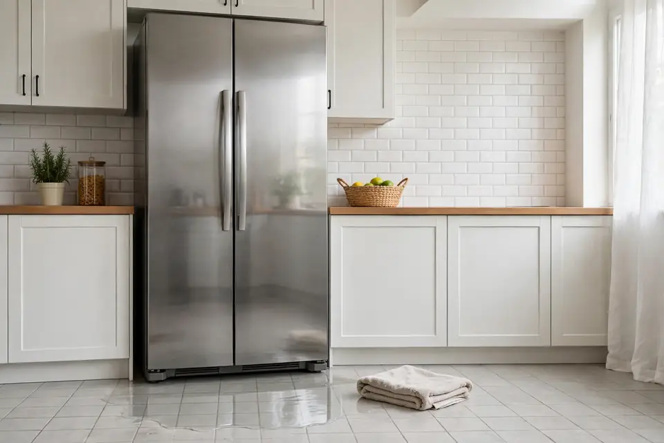 Refrigerator with water puddle on kitchen floor