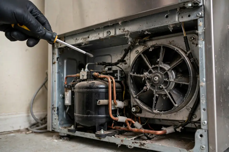 Technician inspecting refrigerator compressor area