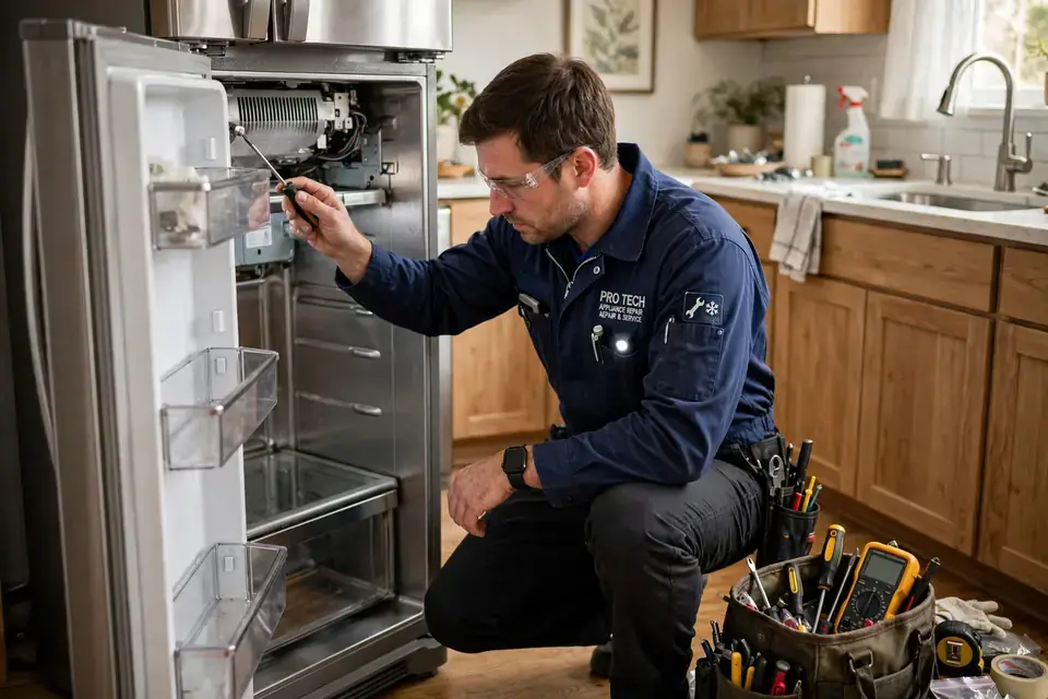 Technician servicing an open refrigerator in a home kitchen